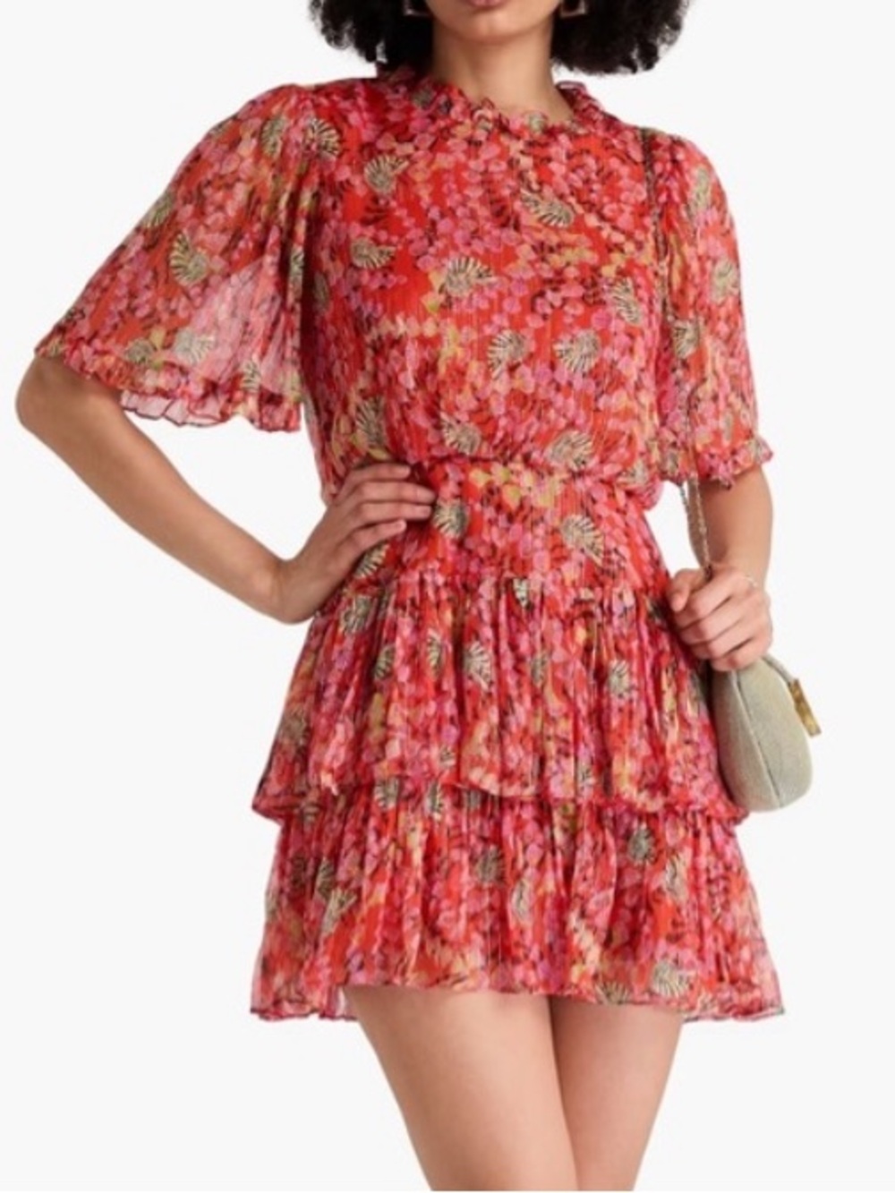 Saloni Ava tiered metallic printed silk blend chiffon mini dress size 4 NW